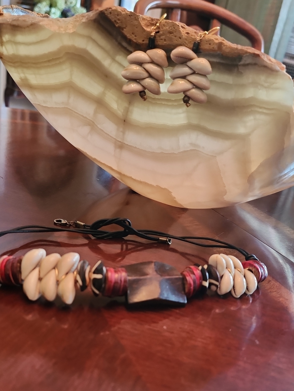 Handmad Cowrie Shell Bead  and Red And Brown Wood Accents Necklace & Earrings.